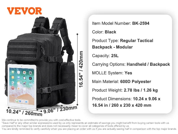 VEVOR 25/40/45L Backpack with Molle Design&Sponge Pad