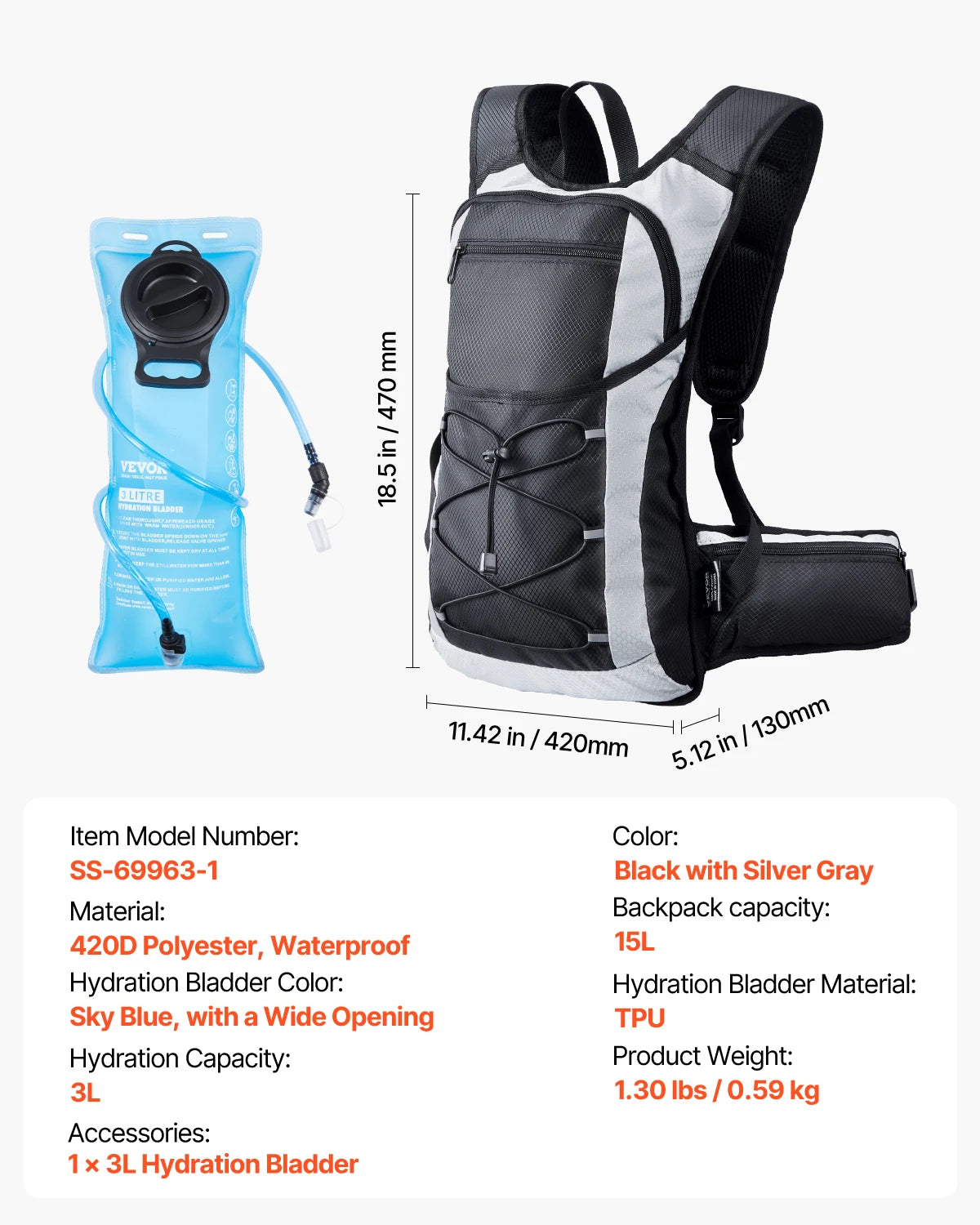 VEVOR 15L Hydration Backpack Insulated Hydration Pack