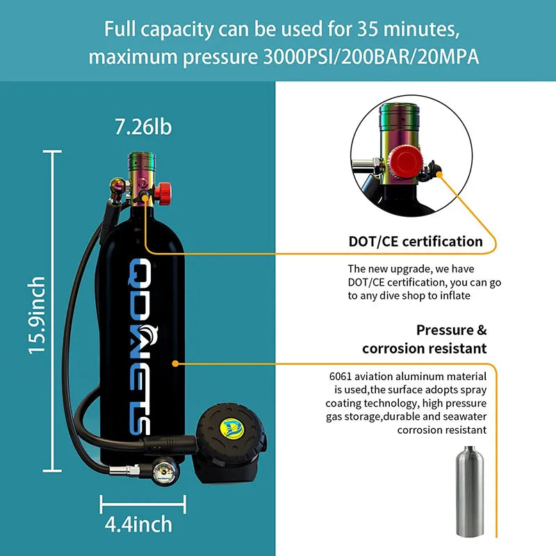 QDWETS 2.3L Portable Scuba Tanks,DOT Certified Diving Gear for Underwater 25-35 Minutes of Diving ,Bacup Air Tanks,Diving Air Ta