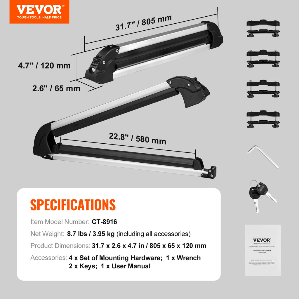 Ski and Snowboard Roof Rack 31.7-Inch Universal Ski Rack