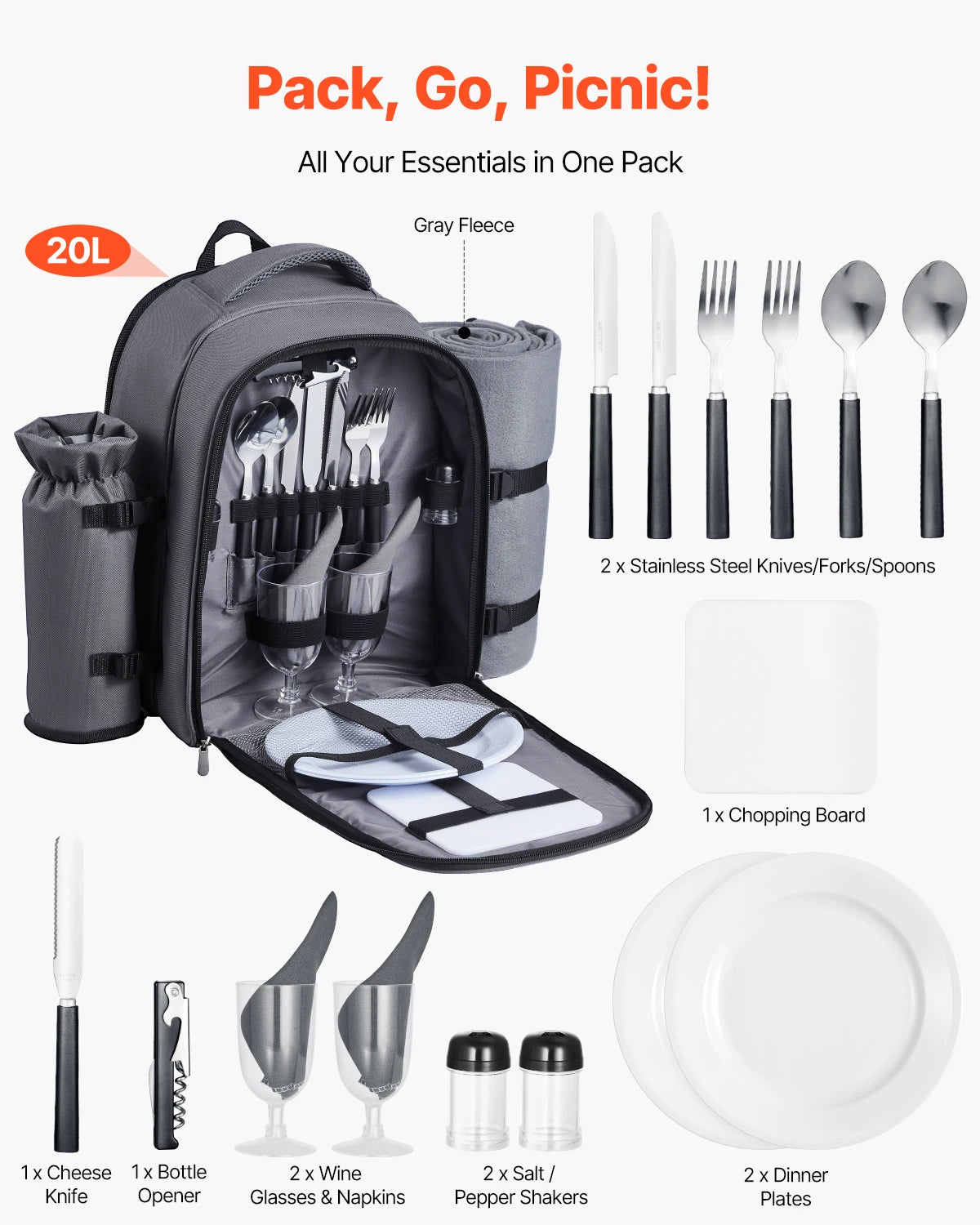 VEVOR Picnic Backpack Bag Lightweight Blanket, Plates, Cutlery